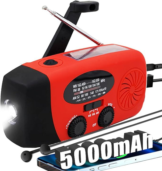 2024 Upgrade 5000mah Alertsync NOAA Weather Emergency Radio with Solar Charging, AM FM Hand Crank Windup Radio SOS Alarm LED Flashlight with Earphone Jack for Home, Camping, Survival Hurricane (Red)