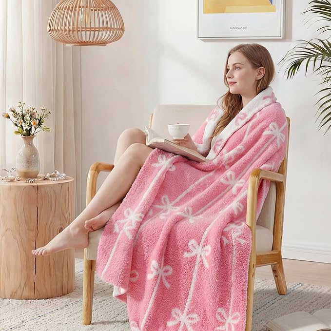WRENSONGE Bow Throw Blanket Pink Soft Cozy Fluffy Warm Throw for Couch Sofa Bed Camping Picnic Travel Lightweight - 50"*60"