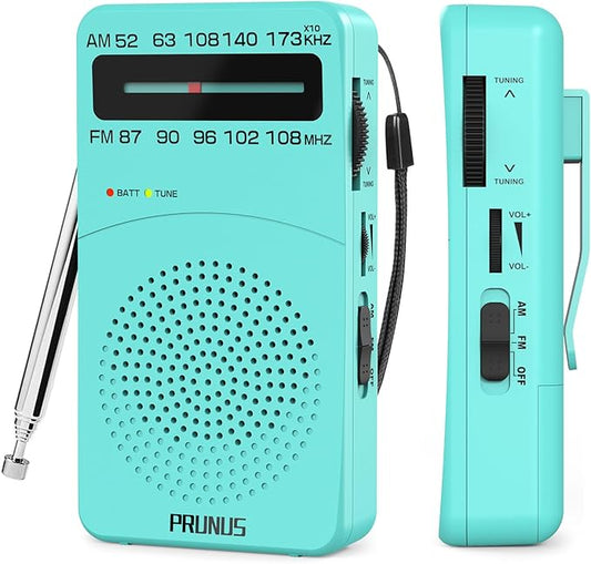 PRUNUS J-166 Portable Radio AM FM, Gifts for Dad and Mom, Battery Operated Radio with Tuning Light, Back Clip, Excellent Reception, AM FM Radios Portable, Transistor Radios