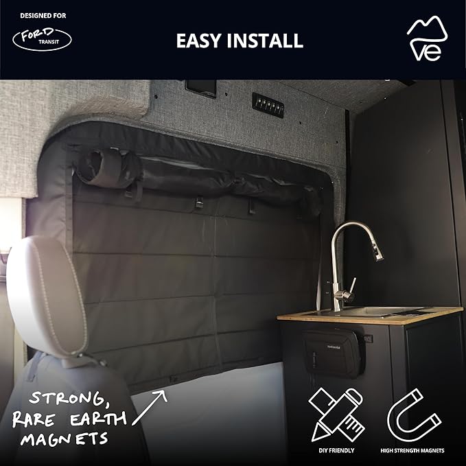 VanEssential Insulated Stealth Blackout Window Cover Designed for Ford Transit High/Medium Roof Sliding Door Window - Black
