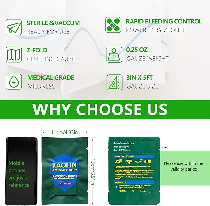 Hemostatic Gauze for Quick Clot Trauma Kit – 3" x 5' Kaolin Infused Quick Clot Gauze & Bleed Stop Dressing, Sterile Z-Fold Wound Packing for Emergency First Aid, Tactical IFAK & Survival Gear (3)