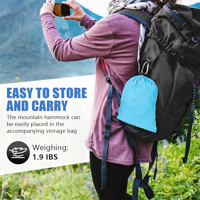 OBTANIM Camping Hammock 500lbs Portable Lightweight Single or Double Hammock with Tree Straps and Carry Bag for Camping Backpacking Hiking Travel Beach Outdoor Indoor (Grey and Blue)