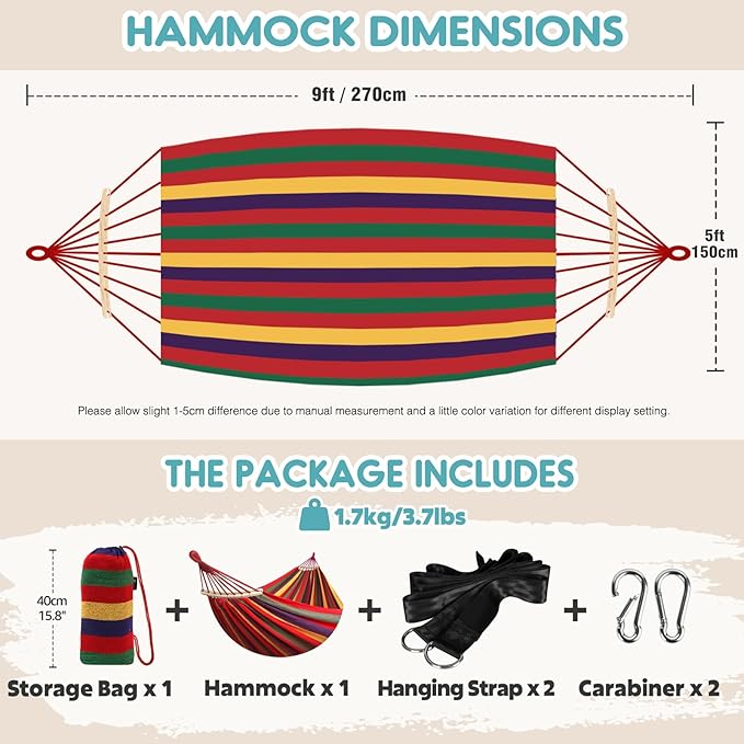 Anyoo Garden Cotton Hammock Comfortable Fabric Hammock with Spreader Bar Sturdy Hammocks Up to 450lbs Portable Lightweight Hammocks with Travel Bag for Camping Outdoor/Indoor Patio Backyard