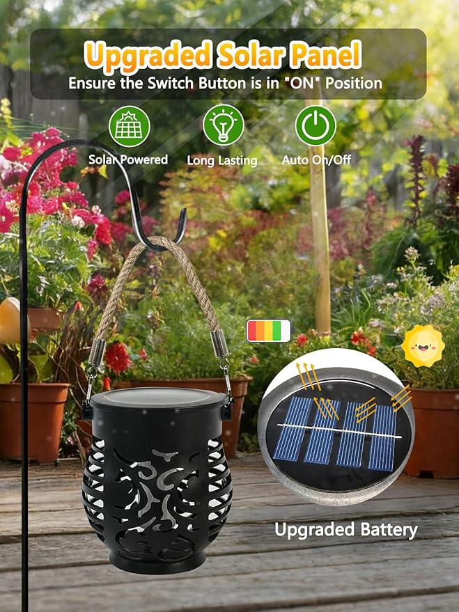 2 Pack Solar Lights Outdoor Waterproof, Solar Lantern with Realistic Flickering Flame, Auto On/Off Solar Powered Garden Light with Hemp Rope Handle for Outside Camp Tree Patio Porch Tabletop Decor