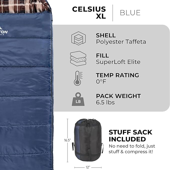 Teton Celsius XL, 25F, 20F, 0F Degree Sleeping Bags, All Weather Warm Sleeping Bag for Adults and Kids, Camping Season, Compression Sack Included