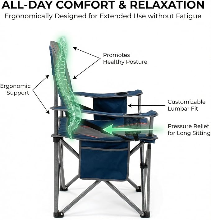 FAIR WIND Padded Camping Chair 500LBS Capacity Heavy Duty Oversized Folding Chair for Heavy People Portable Lawn Chair with Adjustable Lumbar Support, Cooler Bag & Cup Holder for Outdoor, Beach