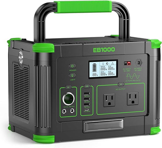 1000W Portable Power Station 999Wh, Solar Generator with 60W USB-C PD Output, Built-in BMS 110V Pure Sine Wave AC Outlet Backup Lithium Battery for Outdoors Camping Travel Emergency (Peak 2000W)