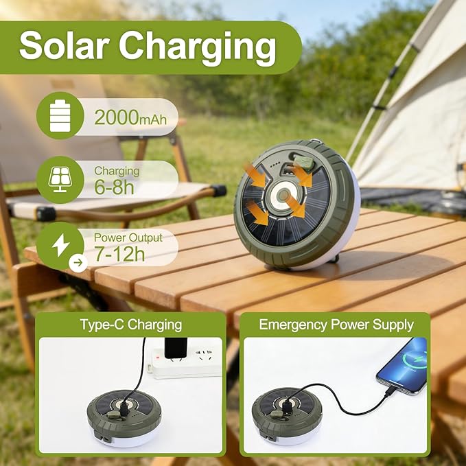 PHILORN Solar Camping String Lights, 33FT Rechargeable Tent Lantern String with 5 Lighting Modes, 4 in 1 Quick Storage Hanging Waterproof LED Lamp for Outdoor Patio Awning Garden Party