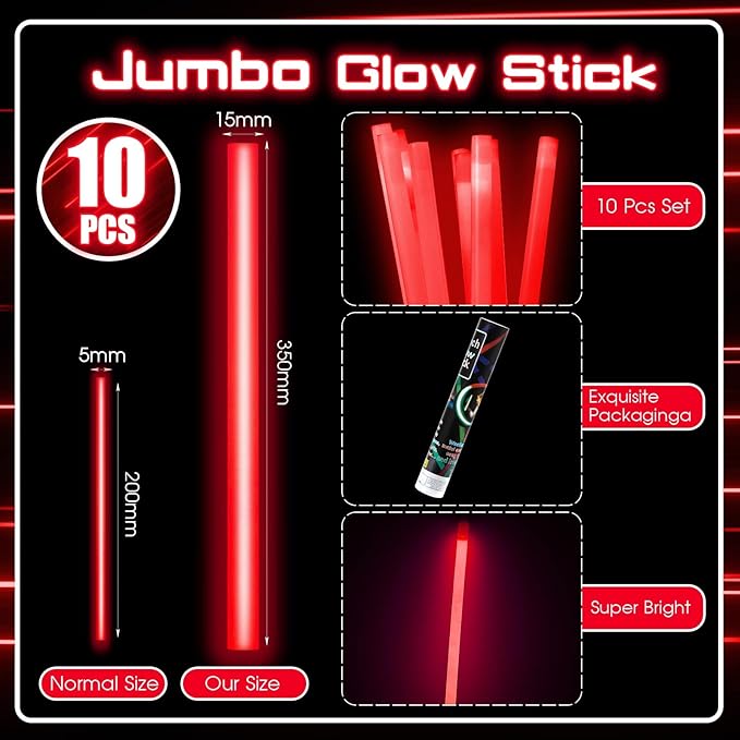 Lewtemi 10 Pcs Large Glow Sticks Big Giant Jumbo Halloween Christmas Emergency Light Stick for Camping Accessories, Survival Kit