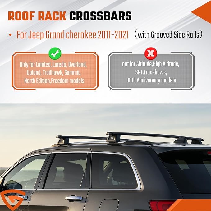 Heavy Duty Lockable Roof Rack Cross Bars Compatible with Jeep Grand Cherokee 2011-2021 (with Grooved Side Rails), Aluminum Crossbars w/Locks Rooftop Cargo Bag Kayak Luggage