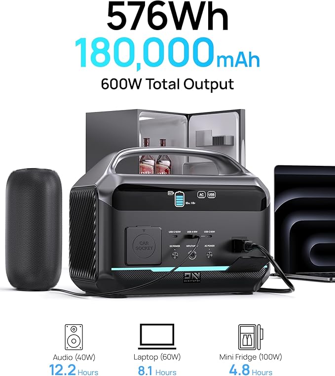 DaranEner Portable Power Station 600W(1200W Peak), 576Wh Solar Generator, LiFePO4 Battery 1.5Hour Fast Charging, Power Bank for Home & Emergency Backup, Hurricane, CPAP (Solar Optional)