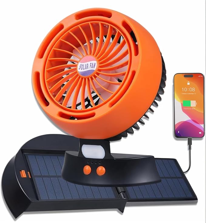 Portable Solar Fan - 10000mAh Big Battery, Compact & Lightweight, Solar-Powered, 4 Speeds & LED Light for Camping, Hiking & Emergencies!