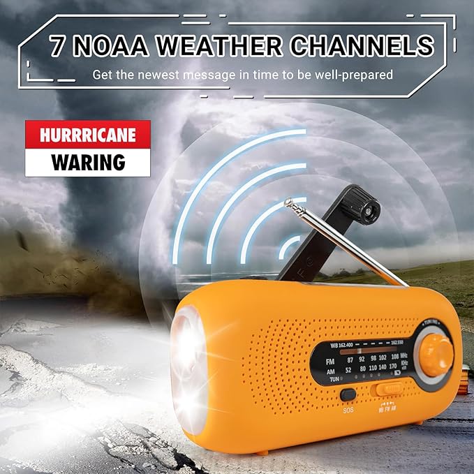 Solar Hand Crank Emergency Radio - 2000mAh Portable Weather Radio with AM/FM/NOAA, 3-Mode Flashlight, SOS Alarm & Cell Phone Charger for Outdoor & Home Use