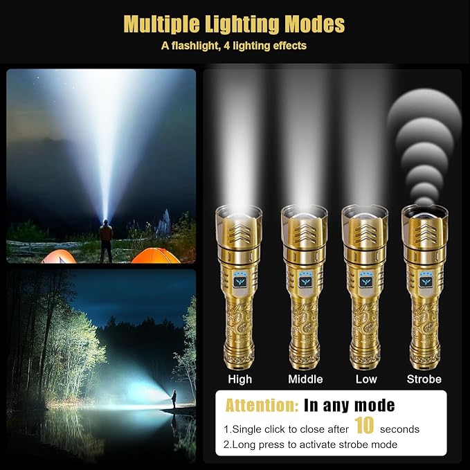SKYFIRE LED Flashlights High Lumens with Ignition Lens,3000lm Super Bright Rechargeable Flashlight,Zoomable 4 Modes Waterproof Tactical Flash Light for Camping Essentials Outdoor and Home Gift