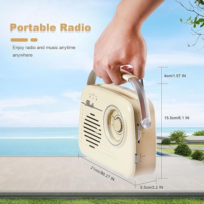 Portable AM FM Radios, Battery Powered and Plug in Wall for Home/Outdoor/Kitchen, Vintage Retro Radio with Bluetooth, Large Dial Easy to Use (p350)