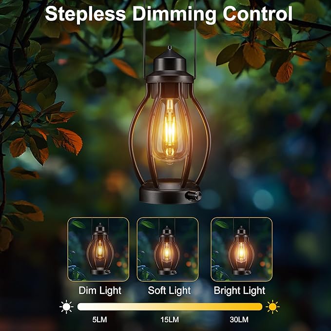 Rechargeable Outdoor Camping Lanterns 2Pack, Vintage Dimmable Hanging Outdoor Lanterns with Timer, Waterproof Battey Powered Indoor Table Lamps for Patio, Garden, Porch Decorations