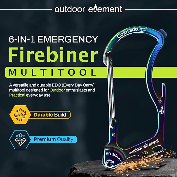 OUTDOOR ELEMENT Firebiner Custom Engraved 6-in-1 Fire Starter Carabiner Multitool – Survival Gear EDC Keychain with Utility Blade, Bottle Opener, Screwdriver, Emergency Tool