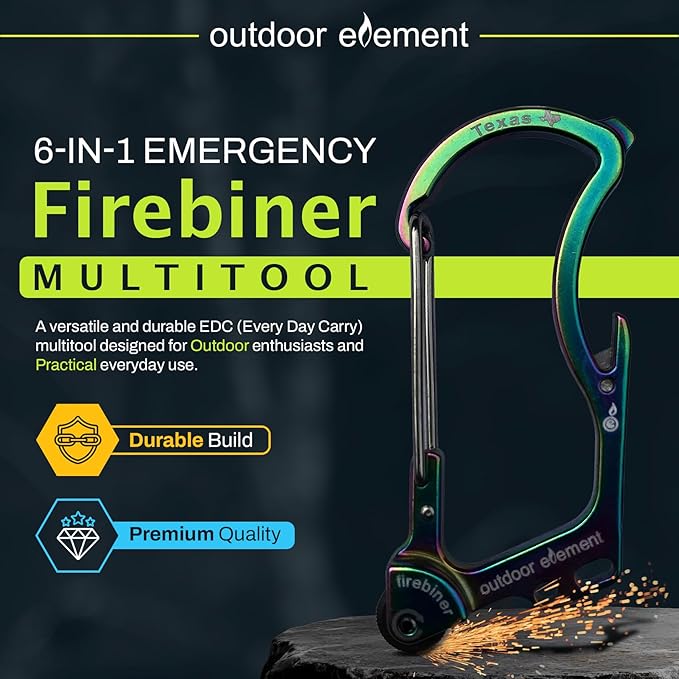 OUTDOOR ELEMENT Firebiner Custom Engraved 6-in-1 Fire Starter Carabiner Multitool – Survival Gear EDC Keychain with Utility Blade, Bottle Opener, Screwdriver, Emergency Tool