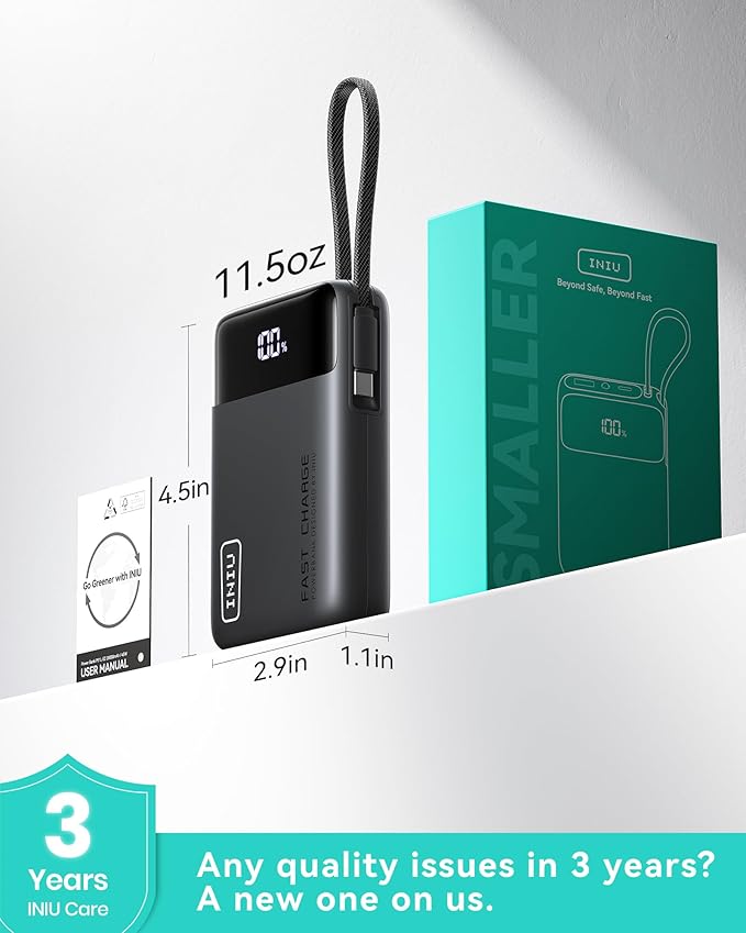 INIU 20000mAh Power Bank, Small Portable Charger, 45W PD Fast Charging Battery Pack with Build in USB-C Cable, Travel Phone Charger for iPhone 17 16 15 14 13 Air Samsung S25 S24 Google iPad Xiaomi etc