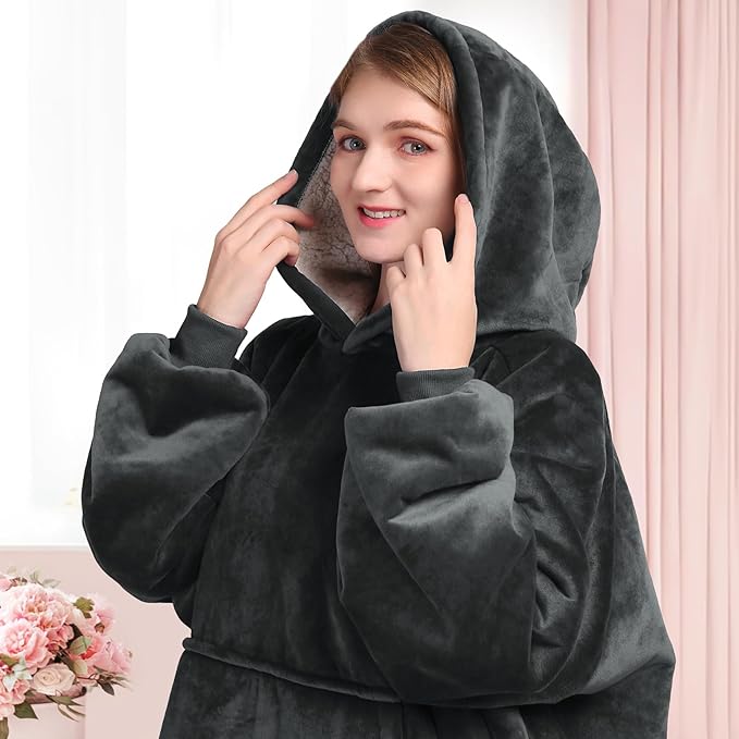 Waitu Wearable Blanket Sweatshirt Gifts for Women and Men, Sherpa Wearable Blanket Adult, Oversized Blanket Hoodie, Thick Sherpa Blanket, Warm Body Blanket Robe - Dark Gray