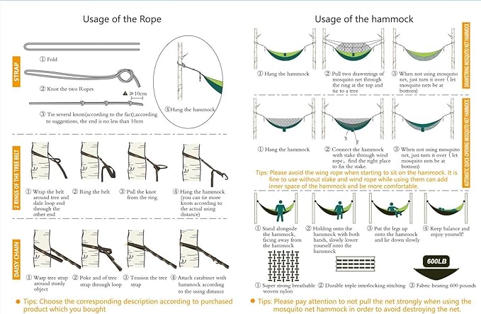 Camping Hammock, Double & Single Portable Hammock with Tree Straps, Lightweight Nylon Hammock Swing Set with Net and Rain Fly Tarp and Pocket for Backpacking Hiking Travel Outdoor(Light Green)