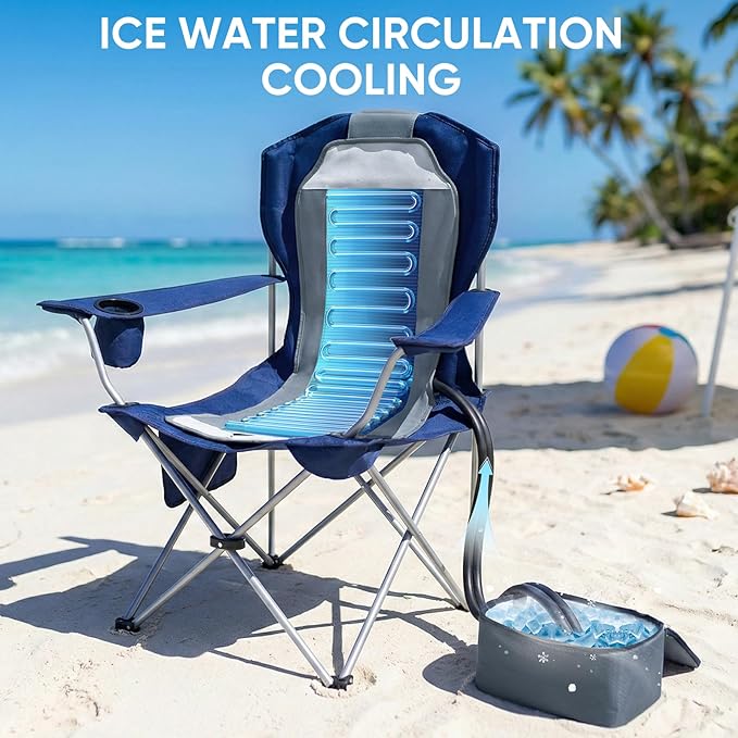 Camping Chair with Cooling Pad – Cools 50°F in 20 Sec, Folding Beach Chair with Cup Holder, Side Pocket, 330 lbs Heavy Duty, Includes Storage Bag – Ideal for Sports Events, Excludes Battery