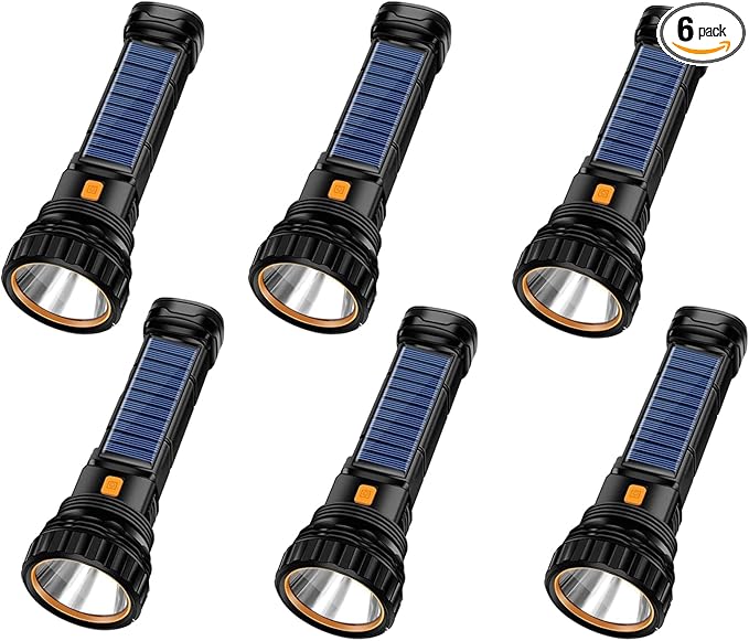 E-SHIDAI 6PCS Solar/Rechargeable Multi Function 1000 Lumens LED Flashlight, with Emergency Strobe Light and 1200 Mah Battery, Emergency Power Supply and USB Charging Cable, Fast Charging