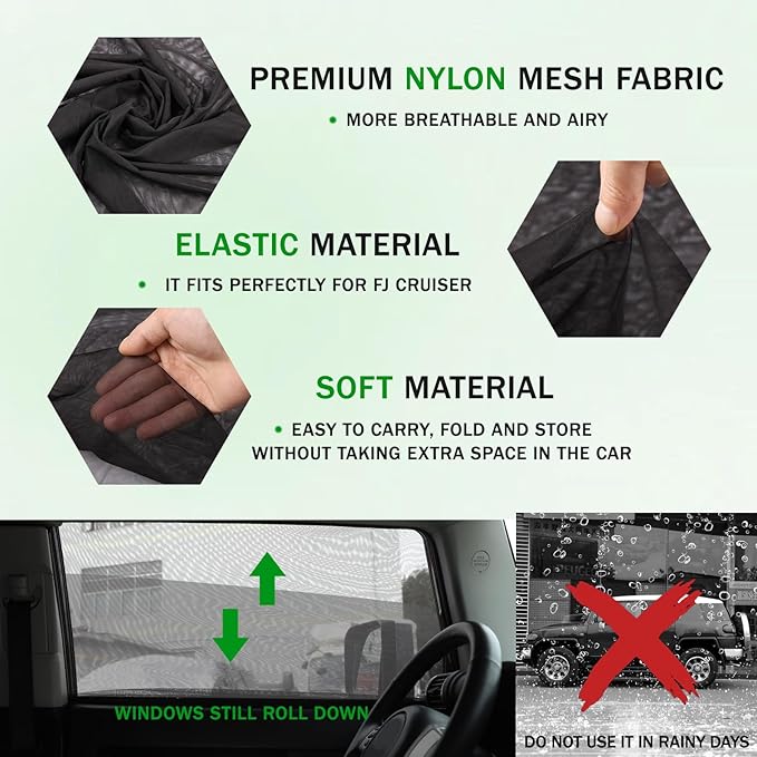 LLKUANG 100% Protection from Bugs for Toyota FJ Cruiser 2007-2021 Shade Breathable Mesh Car Curtains Door/Window Net Car Window Screens for Camping-2Pcs