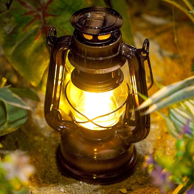 Hortsun 2 Pcs 8 Inch Vintage LED Hurricane Lantern Warm LEDs and Dimmer Switch Battery Operated Farmers Hanging Lantern for Indoor Outdoor Camping Usage Decor