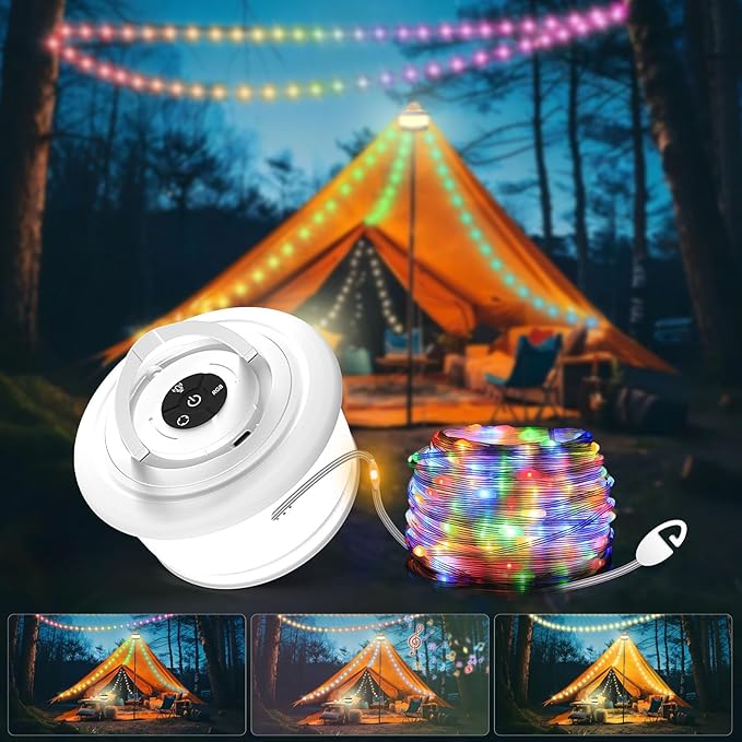 TOHETO Camping String Lights, 3 in 1 Upgraded Retractable RGB Outdoor String Lights with 19 Lighting Modes, Quick 30s Recovery, 32.8 FT Portable Tent Lights, Rechargeable Camping Lantern (White)