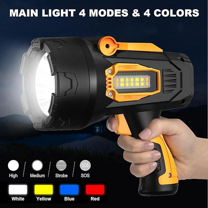 MIXILIN Rechargeable Spotlight 2,000,000 Lumens, Super Bright LED Spotlight Flashlight Outdoor with COB Light & Foldable Tripod, 10000ɱAh Long Lasting Large Handheld Spot Light for Boating Camping