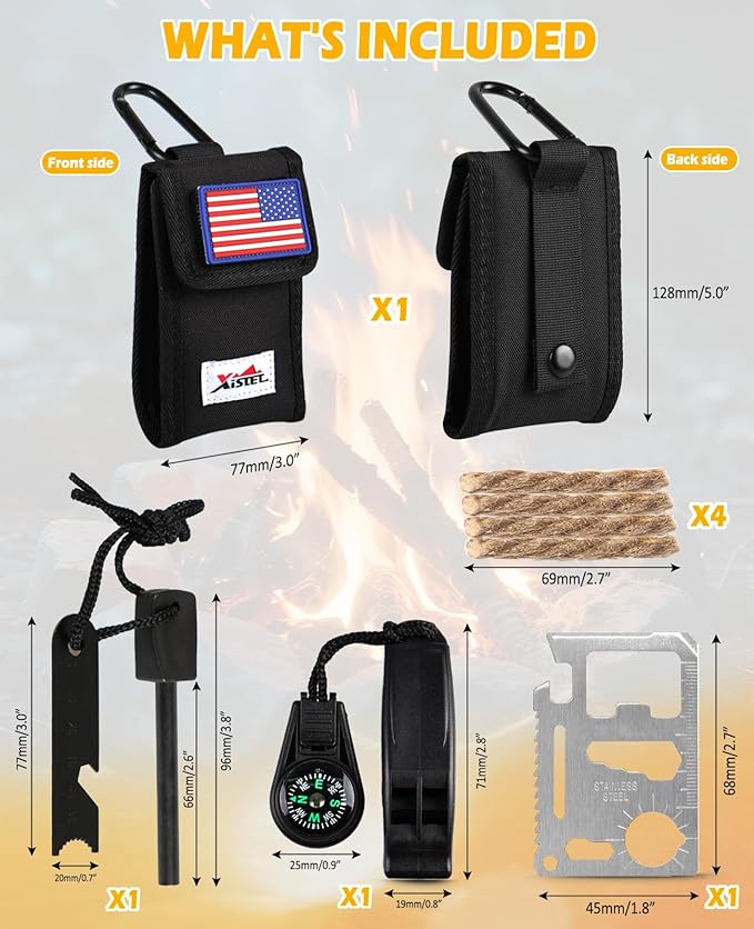 Fire Starter Kit 5 in 1 Survival Gear, Flint and Steel Fire Starter Kit with Ferro Rod, Emergency Whistle, Credit Card Multitool, Compass & Waterproof Tinder for Outdoor, Camping, Hiking, Gift for Men