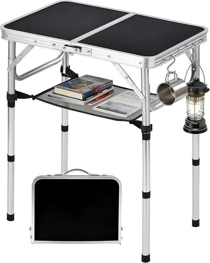 Folding Picnic Table 2ft Portable Camping Table Adjustable Heights Metal Aluminum Lightweight Foldable Small Outdoor Card Table with Carry Handle for Outside Indoor Camp Cooking BBQ Beach(Black)