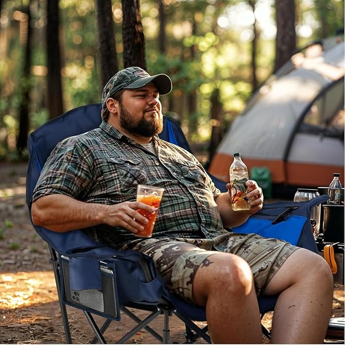 Overmont Oversized XL Camping Chair for Adults - 400lbs Support Heavy-Duty Padded Folding Chair with Side Pocket Cup Holder Cooling Bag for Outdoor Sports Garden Beach Fishing Lawn - Blue