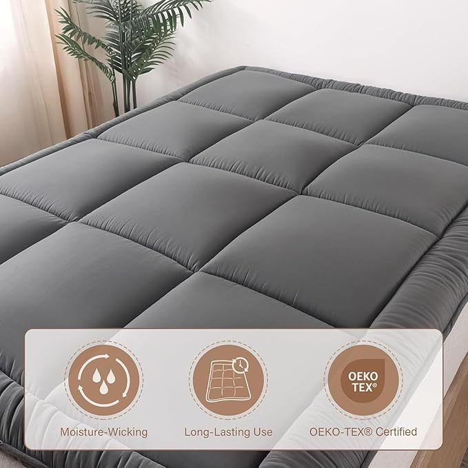 WhatsBedding Japanese Floor Mattress Futon Mattress 3" Grey Tatami Mat Shredded Memory Foam Filled Sleeping Pad, Foldable & Portable Roll Up Lounger Camping Bed for Kids and Adult,Queen Size 60"x 80"