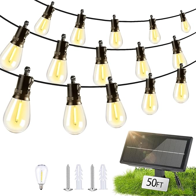 Solar Lights Outdoor Patio Lights: S14 15M 50FT Solar Powered 3 Light Modes Solar Waterproof Light - Shatterproof Bulbs - Camping Backyard Garden Deck Outside Yard