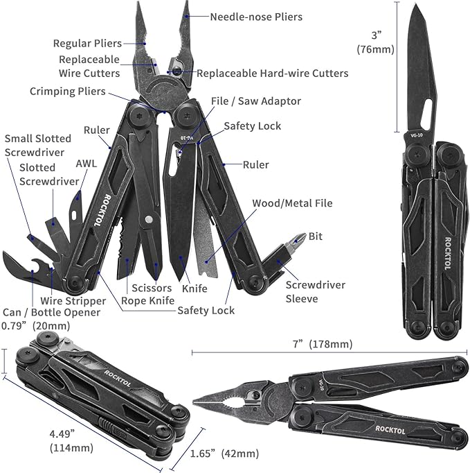 ROCKTOL Multitool, VG-10 Blade, 29-in-1 Multitool Pliers with Replaceable Wire Cutters and Saw, Heavy-duty Stainless Steel Multi-tool Set and Nylon Sheath for Camping Survival multi tool for Man