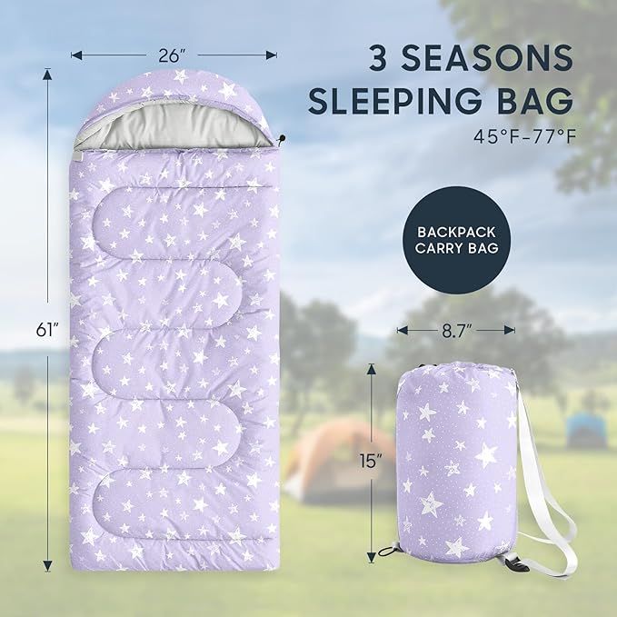 Wake In Cloud - Star Kids Sleeping Bag for Boys Girls Toddlers, Camping in Warm Cold Weather, Backpacking Lightweight Compact Outdoor Liner for 3 Seasons Summer Spring Fall