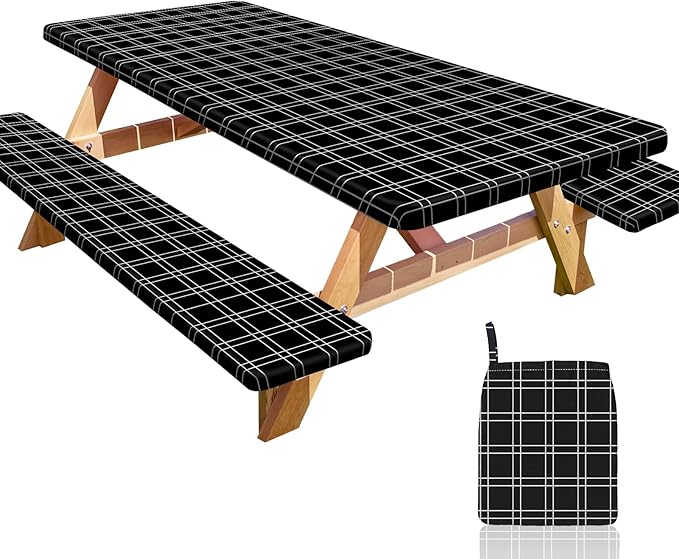 Picnic Table Cover with Bench Covers Portable Table Cloth Built-in Storage Pocket Fitted Tablecloth with Elastic Edges Waterproof Camping Essentials for Indoor Outdoor Rv,72in,Black