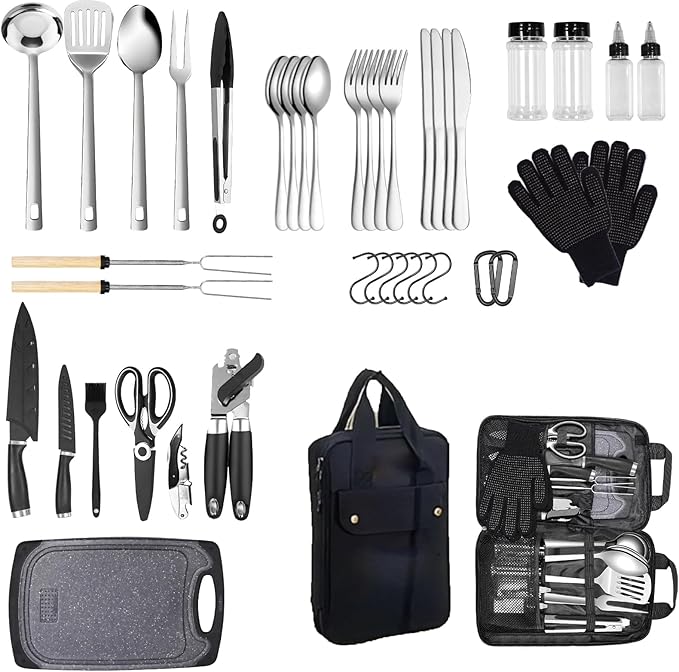 Logcow Camping Kitchen Utensil Set Outdoor Cooking Set Accessories Camping Cookware Kit for Travel, RVs, BBQs Stainless Steel Portable Camping Essentials Cooking Knife Set