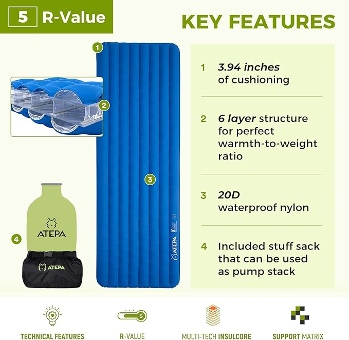ATEPA ThermAir Pro Backpacking Inflatable Sleeping Pad, 5 R-Value Insulated Ultralight Portable Sleeping Pad Thick Camping Mat with Stuff Sack for Camping Backpacking Tent, Wide Long Size 77.5"x25.6"