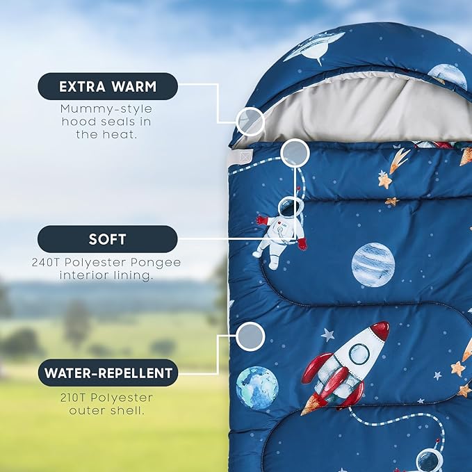 Wake In Cloud - Kids Sleeping Bag for Boys Toddlers, Camping in Warm Cold Weather, Backpacking Lightweight Compact Outdoor Liner for 3 Seasons Summer Spring Fall, Space Rocket Blue