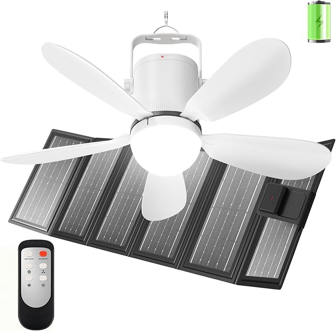 21” Solar Ceiling Fan Light with Foldable Solar Panel, Portable Solar Camping Fan Light Outdoor with Remote, Battery Operated Canopy Hanging Fan, for Outside Tent Porch Patio RVs Pergola