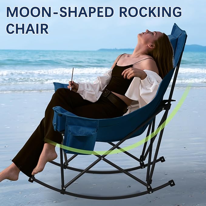 Unisakey Oversized Rocking Camping Chair with Headrest & Cup Holder - 400lbs Capacity, 600D Oxford Fabric, Easy Fold Portable Outdoor Rocker Chair for Camping, Backyard, Beach, Blue