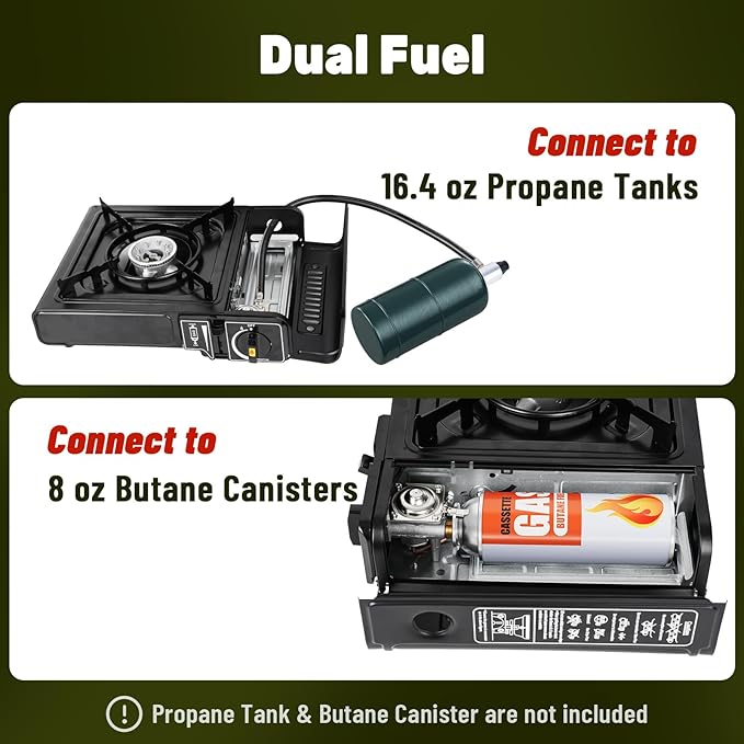 7800 BTU Dual Fuel Camp Stove, Butane or Propane Portable Stove for Camping, Lightweight Portable Camping Stove, Propane Adapter Hose and Carrying Case Included