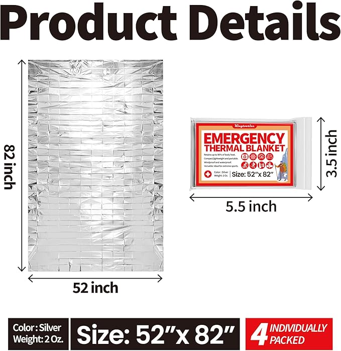 Emergency Thermal Blanket, 4-Pack, Mylar Space Blanket Survival Kit