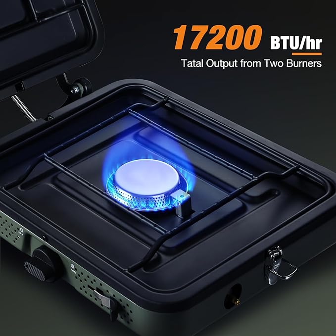 2 Burner Propane Camping Stove,Portable Folding Gas Stove for Camping with 17200 BTU,Two Adjustable Burners with Easy Carrying Handle&Inlet Gas Pipe,Outdoor Camp Stove for Camping Backpacking