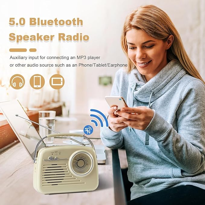Portable AM FM Radios, Battery Powered and Plug in Wall for Home/Outdoor/Kitchen, Vintage Retro Radio with Bluetooth, Large Dial Easy to Use (p350)