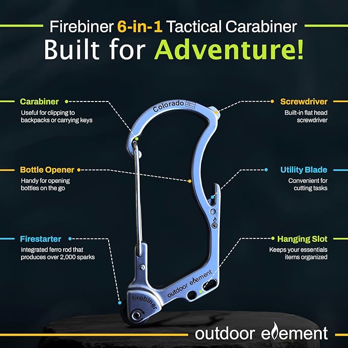 OUTDOOR ELEMENT Firebiner Custom Engraved 6-in-1 Fire Starter Carabiner Multitool – Survival Gear EDC Keychain with Utility Blade, Bottle Opener, Screwdriver, Emergency Tool