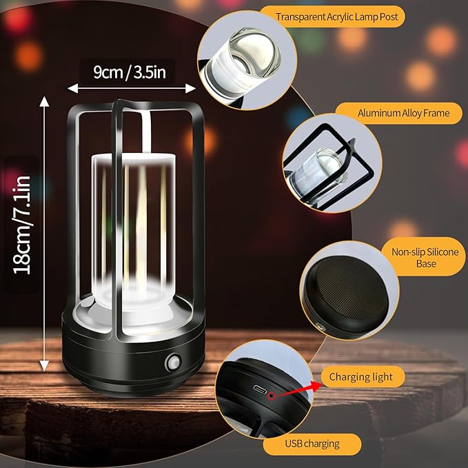 Set of 2 Cordless Table Lamps, LED Rechargeable Table Lamp with 3 Color Stepless Dimmable, Indoor/Outdoor Table lamp for Patio/Camping/Bar/Coffee/Restaurant/Bathroom (Black 2 Pcs)